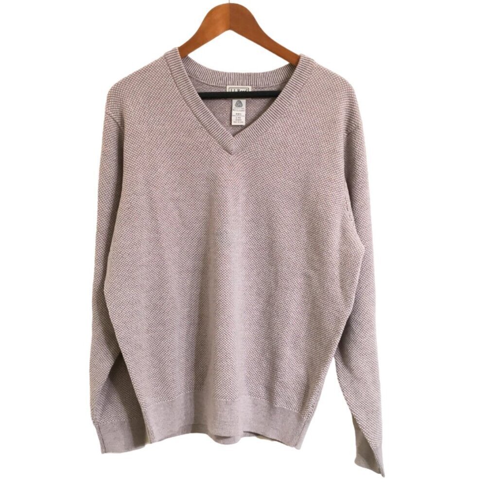 L.L. Bean 100% Merino‎ Wool Men's V Neck Popcorn Knit Sweater Tan Color Size L